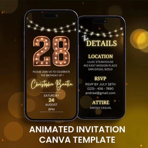 28th Rustic Birthday Invitation, Animated Twenty Eighth Party Wood Neon Evite, Editable Digital Mobile Card Itinerary Template