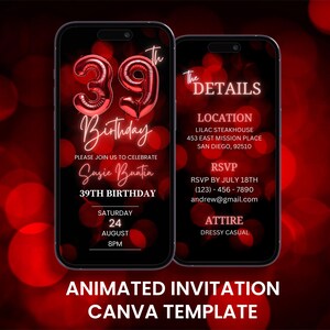 Faire-part 39e anniversaire rouge, animation animée 39e anniversaire néon Evite, modèle d'itinéraire de carte mobile numérique modifiable