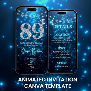 Invitation vidéo 89e anniversaire bleu diamant, modèle d'itinéraire de carte mobile numérique éditable pour une fête quatre-vingt-dix-neuf anniversaire animée