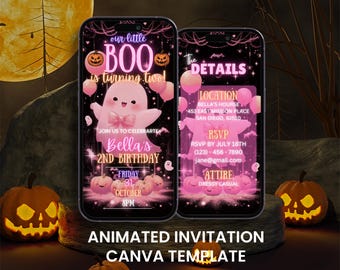 May include: Two smartphones showing a pink Halloween invitation. The design includes a ghost, pumpkins, and the text "our little BOO is turning two!" and "Bella's 2nd Birthday." The bottom text reads "ANIMATED INVITATION CANVA TEMPLATE."