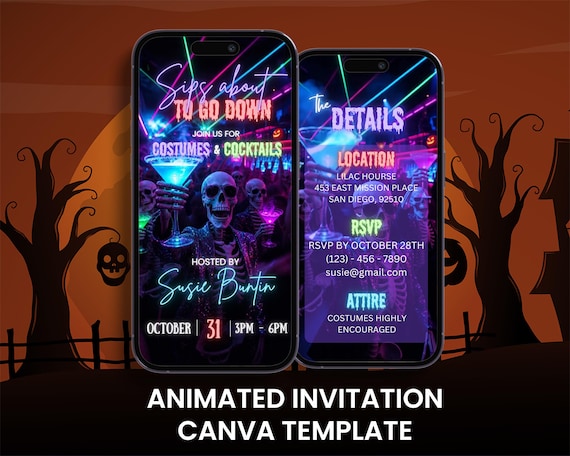 Animated Halloween Costume Cocktail Party Invitation, Sips About to Go Down (Digital Download)