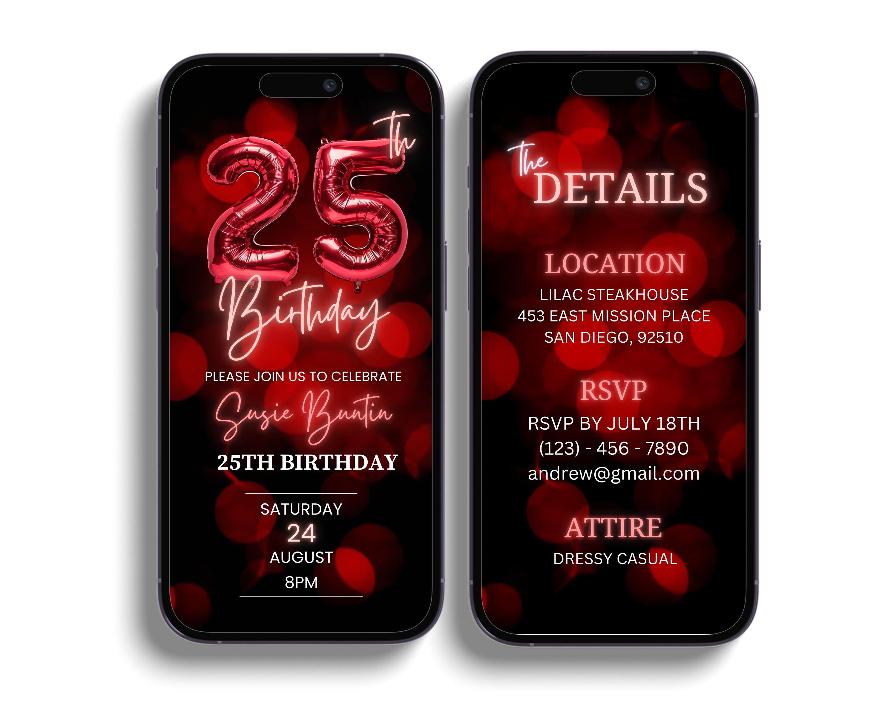 25th Red Birthday Animated Invitation: Neon Balloon Evite (digital) - Etsy