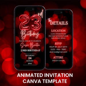 23 rot Geburtstagseinladung, animierte Twenty Party Ballon Neon Evite, bearbeitbare Reiseplanvorlage für digitale mobile Karten