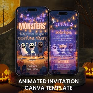 May include: Two smartphones showing a Halloween costume party invitation. The invitations feature cartoon monsters, pumpkins, and the text "Calling All Monsters." The bottom text reads "Animated Invitation Canva Template."