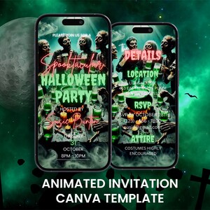 May include: Animated digital invitation for a Halloween party with a spooky theme. The invitation features a cauldron, green potions, and zombies. The text reads "Spooktacular Halloween Party" and includes the date, time, location, RSVP information, and attire details.