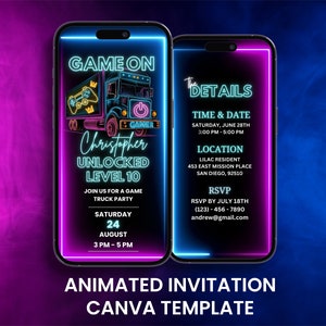 Game Truck Video Invitation, Animated Gaming Birthday Party Evite Boys, Editable Canva Digital Mobile Card Itinerary Invite