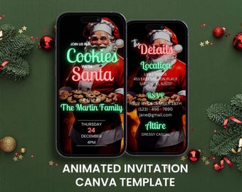 May include: Animated digital invitation for a Cookies with Santa event. The invitation features a cartoon image of Santa Claus holding a plate of cookies. The text on the invitation reads "Join us for Cookies with Santa", "Hosted by The Martin Family", "Thursday, December 24, 4PM", "The Details", "Location: Lilac House, 453 East Mission Place, San Diego, 92510", "RSVP by December 18th, (123) 456-7890, jane@gmail.com", and "Attire: Dressy Casual".