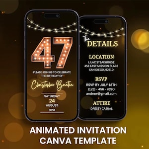 47th Rustic Birthday Invitation, Animated Forty Seventh Party Wood Neon Evite, Editable Digital Mobile Card Itinerary Template