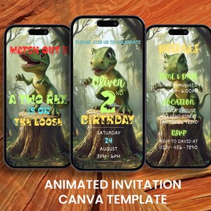 May include: Three smartphone screens displaying a dinosaur-themed birthday invitation. Each screen features a green cartoon dinosaur on a tree stump with event details. The text includes "A T-Rex is on the loose" and "Oliver's 2nd Birthday".