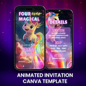 Invito video per il 4° compleanno di unicorno, invito animato per la festa arcobaleno "Four Ever Magical Girl", invito digitale modificabile per cellulare