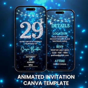 Invitation vidéo 29e anniversaire bleu losanges, invitation animée de luxe pour soirée vingt-neuvième anniversaire, modèle d'itinéraire modifiable pour carte mobile numérique