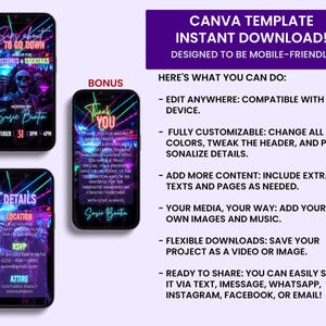 May include: A digital Canva template for a Halloween party invitation and thank you card, displayed on three smartphones. The designs feature neon-coloured text, skeleton graphics, and cocktail imagery against a dark, vibrant background.