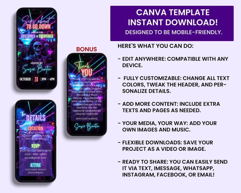 May include: A digital Canva template for a Halloween party invitation and thank you card, displayed on three smartphones. The designs feature neon-coloured text, skeleton graphics, and cocktail imagery against a dark, vibrant background.