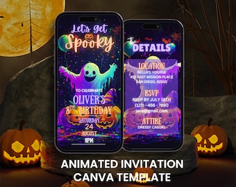 Op de afbeelding: Geanimeerde Halloween-uitnodigingssjabloon op een smartphonescherm. Het ontwerp toont een gloeiend spook, pompoenen en de tekst "Let's get Spooky" en "Oliver's 8th Birthday". Bevat evenementdetails en RSVP-informatie.