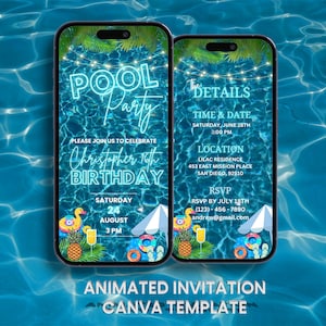 Pool-Party-Geburtstagseinladung, animiertes Blau-Neon-Strand-Video Tropischer Sommer einladen für Jugendliche Kinder Erwachsene, Canva bearbeitbare Vorlage