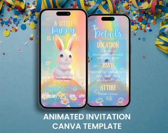 Bunny Baby Shower Video Invitation, Rainbow Rabbit, Animated Evite (Canva Template)