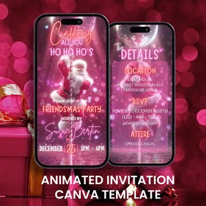 Może przedstawiać: Dwa ekrany smartfona wyświetlają różowe animowane zaproszenie na imprezę Friendsmas. Jeden ekran pokazuje Świętego Mikołaja na słupie z napisem "Calling All You Ho Ho Ho's". Drugi ekran zawiera szczegóły dotyczące lokalizacji, RSVP i stroju.