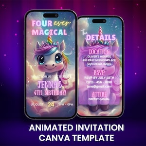Invito video per il 4° compleanno di Unicorn Four Ever Magical, invito animato per la festa arcobaleno per bambine, invito con itinerario digitale modificabile per cellulare