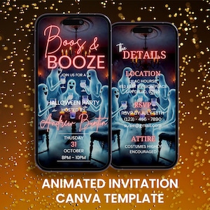 Invitation vidéo Halloween huées et alcoolisées, animation fantôme effrayante, invitation itinéraire carte mobile numérique modifiable