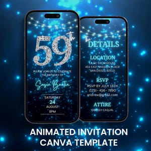 Invitation vidéo 59e anniversaire bleu diamants, invitation de luxe animée cinquante-neuvième anniversaire, modèle d'itinéraire modifiable pour carte mobile numérique