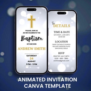Taufe Video Einladung, animierte Taufe Weiß Evite, bearbeitbare Canva Digital Mobile Card Reiseplan Einladen Vorlage