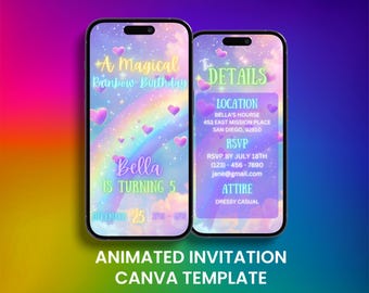 Magical Rainbow Birthday Video Invitation, Animated Girls Hearts Party Evite, Editable Mobile Card Digital Invite For Kid Celebration