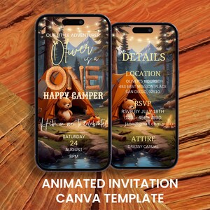 May include: Animated invitation for a first birthday party with a camping theme. The invitation features a cartoon bear wearing a hat and sitting in a tent. The text on the invitation says "Our little adventurer Oliver is a one happy camper".