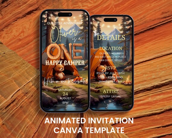 Happy Camper 1st Birthday Video Invitation: Rustic Woodland (Digital Invite)