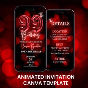 Faire-part 99e anniversaire rouge, animation 90e anniversaire néon Evite, modèle d'itinéraire carte mobile numérique modifiable
