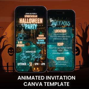 May include: Two smartphones displaying a digital Halloween party invitation template. The screens feature neon text, skeletons, and glowing jack-o'-lanterns around a pool. Text includes Join Us For A Spooktacular Halloween Party, Location, Rsvp, and Attire.