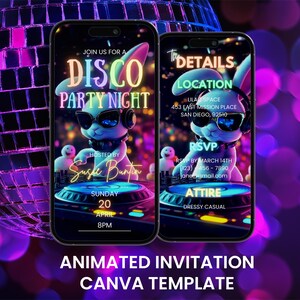 Paasfeest discobal DJ-feestavond video-uitnodiging, geanimeerde retro Bunny Dance Evite, bewerkbare digitale mobiele kaartuitnodiging