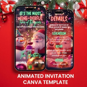 Invitación animada para intercambio de vinos navideños, invitación electrónica para la velada navideña con vino y Papá Noel