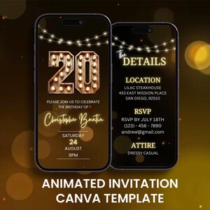 Convite rústico para 20º aniversário, Evite animado para festa de 20 anos em madeira neon, modelo de itinerário de cartão digital editável para celular