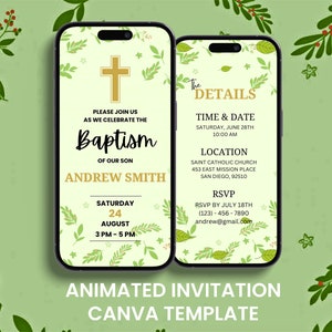 Invitation vidéo de baptême de verdure, invitation animée pour baptême de baptême, modèle d'invitation itinéraire éditable pour carte mobile numérique Canva