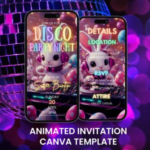 Ostern Disco Ball DJ Party Night Video Einladung, animierte Retro Pink Bunny Dance Evite, bearbeitbare digitale Handykarte einladen