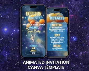 May include: Animated invitation template on a smartphone screen. The design features a space theme with planets and an astronaut. Text includes "Houston, We Have a Boy" and event details. The bottom text reads "Animated Invitation Canva Template."