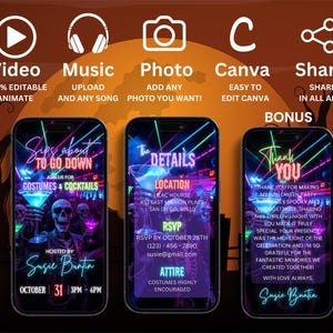 May include: Three smartphones displaying digital Halloween party invitations with neon text and skeleton graphics. The screens feature sections for event details, location, RSVP, and thank you notes, with icons for video, music, photo, and sharing options.