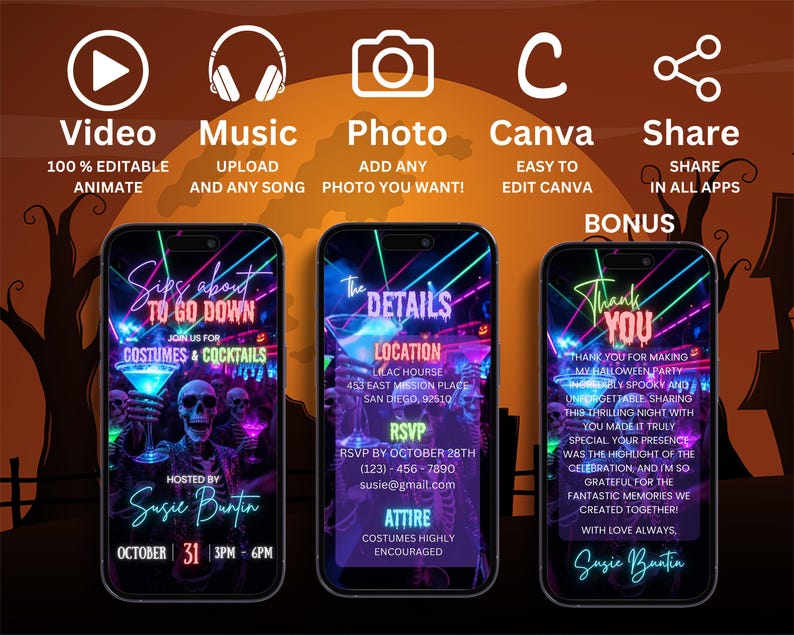 May include: Three smartphones displaying digital Halloween party invitations with neon text and skeleton graphics. The screens feature sections for event details, location, RSVP, and thank you notes, with icons for video, music, photo, and sharing options.