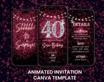 Puede incluir: Una invitación digital para una fiesta de cumpleaños número 40 con un fondo rosa brillante y un 40 de purpurina plateada. El texto dice "Shhhhh! ¡Es una sorpresa!" y "Por favor, únase a nosotros para celebrar el cumpleaños de Susie". La invitación incluye la fecha, la hora, la ubicación, la información de RSVP y el atuendo.