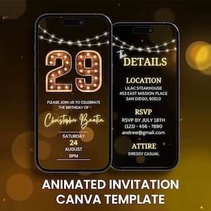 Faire-part d'anniversaire rustique pour 29e anniversaire, animation vingt-neuvième fête néon en bois Evite, modèle d'itinéraire de carte mobile numérique modifiable
