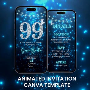 Invitation vidéo 99e anniversaire bleu diamant, modèle d'itinéraire animé de quatre-vingt-dix-neuf fête de luxe, carte mobile numérique modifiable