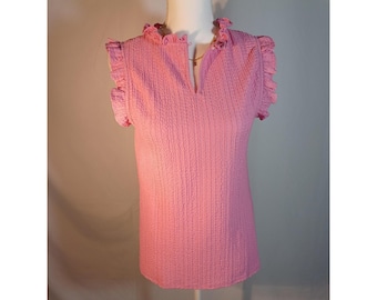 Blusa LOFT para mujer, color rosa, con volantes pequeños, sin mangas, texturizada, cuello en V, jersey