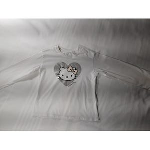 Hello Kitty Shirt Youth 6-7Y White Long Sleeve Silver Heart Graphic H&M Sanrio image 1