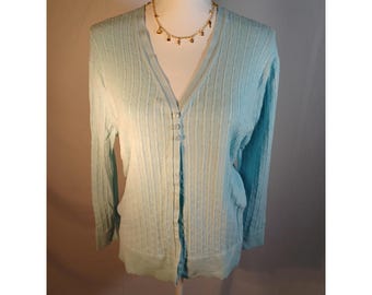 Suéter cárdigan Talbots para mujer, talla pequeña, 2X, azul, con botones delanteros, cuello en V, punto trenzado