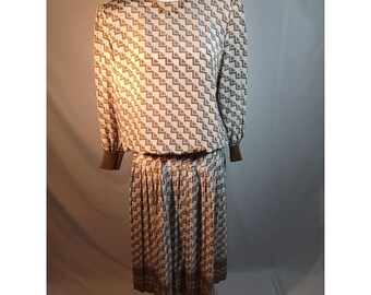 Vestido vintage R.E.O. Originals para mujer, talla 16, blanco, con estampado de chevron, blusón, bufanda midi, EE. UU.