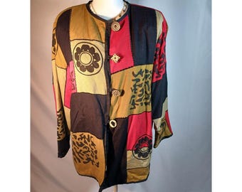 Chaqueta Allure para mujer XL Multicolor Patchwork Botón de palanca Boho Artsy Art