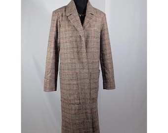 Something Navy Coat Womens XS Brown Plaid Wool Tweed Long Overcoat Lined