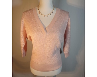 Suéter de mujer WHBM Outlet, talla XS, color rosa, cuello en V, manga 3/4, jersey de punto
