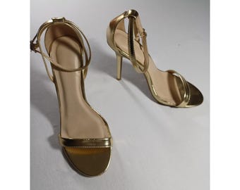 Women's Gold Stiletto Ankle Strap Heels Sandals Size 6.5