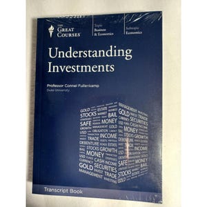 May include: A wrapped book titled "Understanding Investments" by Professor Connel Fullenkamp. The cover is dark blue with white text and features the logo for "The Great Courses." Keywords like "Gold," "Stocks," and "Money" are also visible.